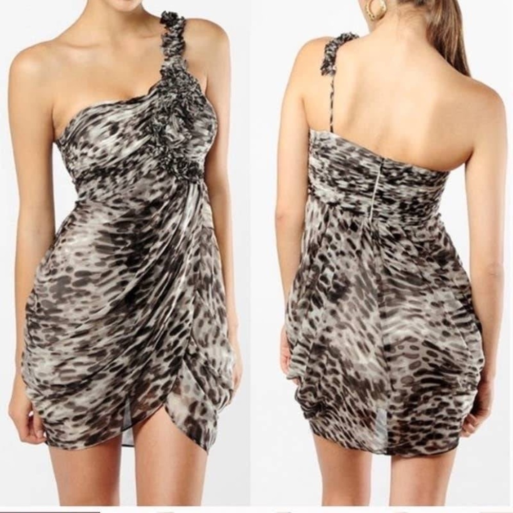 BCBGMAXAZRIA Black/Grey One Shoulder Silk Tulip Dress Size8